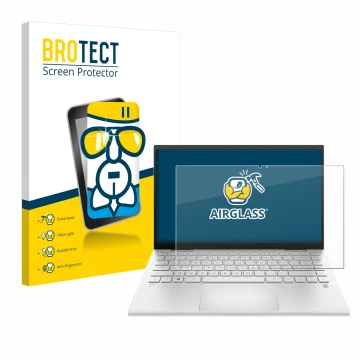 Front side of a product packaging with the brand logo BROTECT. Next to it is the device HP Pavilion x360 (14-dyX) shown with t