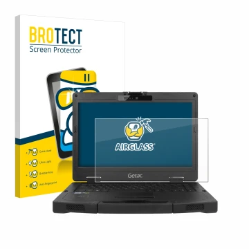 Front side of a product packaging with the brand logo BROTECT. Next to it is the device Getac S410 shown with the correspondin
