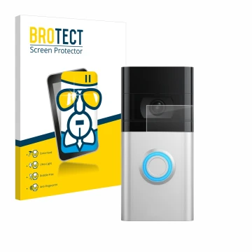 Front side of a product packaging with the brand logo BROTECT. Next to it is the device Ring Video Doorbell 4 shown with the c