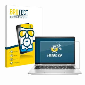 Front side of a product packaging with the brand logo BROTECT. Next to it is the device HP ProBook x360 435 G8 shown with the 