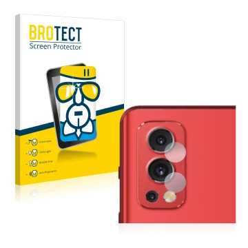 Front side of a product packaging with the brand logo BROTECT. Next to it is the device OnePlus Nord 2 5G (ONLY Camera Lens) s