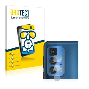 Front side of a product packaging with the brand logo BROTECT. Next to it is the device Motorola Edge 20 Pro (ONLY Camera Lens