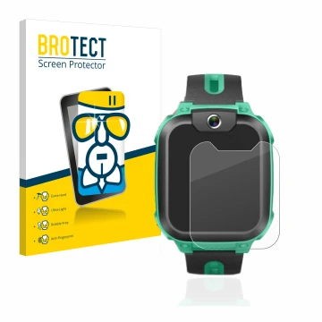 Front side of a product packaging with the brand logo BROTECT. Next to it is the device Imoo Watch Phone Z1 shown with the cor