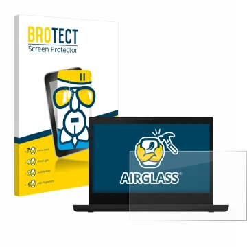 Front side of a product packaging with the brand logo BROTECT. Next to it is the device Lenovo ThinkPad L14 Gen 2 shown with t