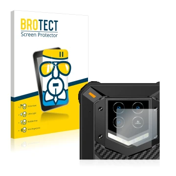 Front side of a product packaging with the brand logo BROTECT. Next to it is the device Oukitel WP15 5G (ONLY Camera Lens) sho