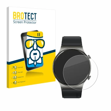 Front side of a product packaging with the brand logo BROTECT. Next to it is the device Huawei Watch GT 2 Pro ECG shown with t