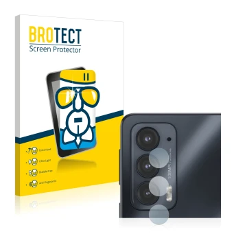 Front side of a product packaging with the brand logo BROTECT. Next to it is the device Motorola Edge 20 (ONLY Camera Lens) sh