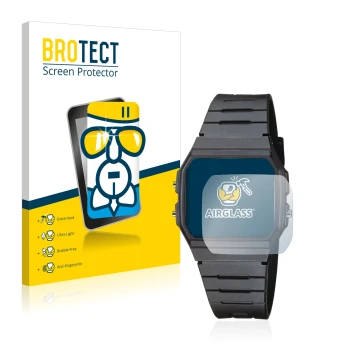 Front side of a product packaging with the brand logo BROTECT. Next to it is the device Casio Collection Unisex F-91W shown wi