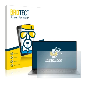 Front side of a product packaging with the brand logo BROTECT. Next to it is the device Dell XPS 15 9510 Non-Touch shown with 