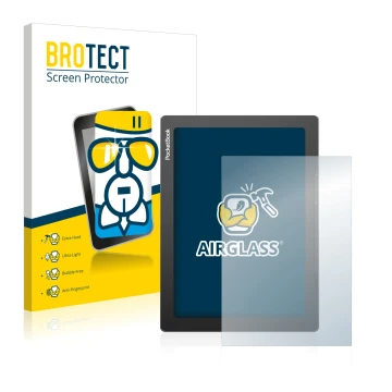 Front side of a product packaging with the brand logo BROTECT. Next to it is the device PocketBook InkPad Lite shown with the 