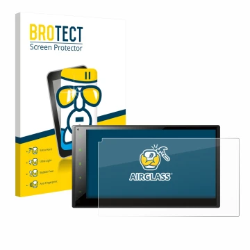 Front side of a product packaging with the brand logo BROTECT. Next to it is the device Pioneer SPH-DA160DAB shown with the co