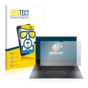Front side of a product packaging with the brand logo BROTECT. Next to it is the device HP Envy x360 (15-eX) (359 mm x 228.2 m