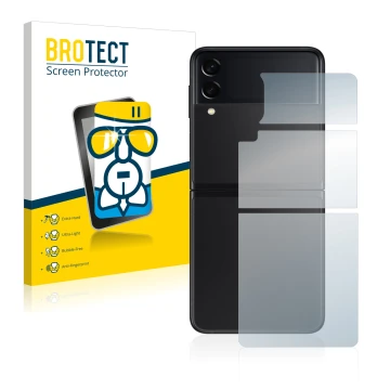 Front side of a product packaging with the brand logo BROTECT. Next to it is the device Samsung Galaxy Z Flip 3 5G (Back) show