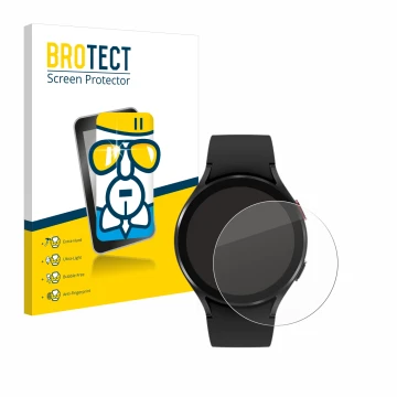 Front side of a product packaging with the brand logo BROTECT. Next to it is the device Samsung Galaxy Watch 4 (44mm) shown wi