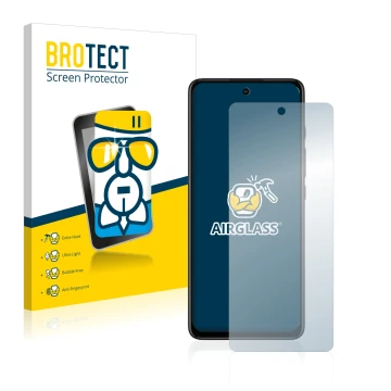 Front side of a product packaging with the brand logo BROTECT. Next to it is the device Motorola Moto G60S shown with the corr