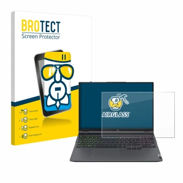 Front side of a product packaging with the brand logo BROTECT. Next to it is the device Lenovo Legion 5 Pro shown with the cor