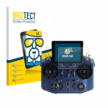 Front side of a product packaging with the brand logo BROTECT. Next to it is the device FrSky Tandem X20S shown with the corre