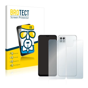 Front side of a product packaging with the brand logo BROTECT. Next to it is the device Samsung Galaxy A22 5G (Front+Back) sho
