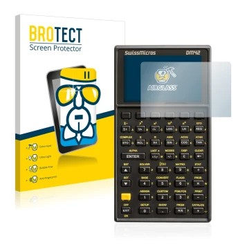 Front side of a product packaging with the brand logo BROTECT. Next to it is the device SwissMicros DM42 shown with the corres