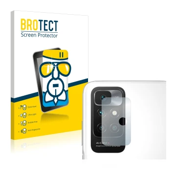 Front side of a product packaging with the brand logo BROTECT. Next to it is the device Xiaomi Redmi 10 (ONLY Camera Lens) sho