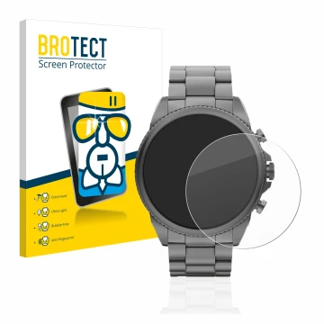 Front side of a product packaging with the brand logo BROTECT. Next to it is the device Fossil Gen 6 (44mm) shown with the cor