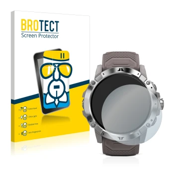 Front side of a product packaging with the brand logo BROTECT. Next to it is the device Coros Vertix 2 shown with the correspo