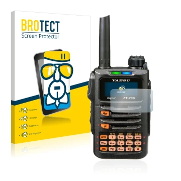 Front side of a product packaging with the brand logo BROTECT. Next to it is the device Yaesu FT-70DR shown with the correspon