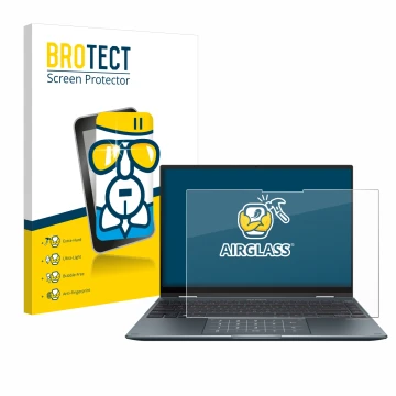 Front side of a product packaging with the brand logo BROTECT. Next to it is the device ASUS ZenBook 14 Flip OLED shown with t