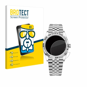 Front side of a product packaging with the brand logo BROTECT. Next to it is the device Rolex Datejust 36 shown with the corre