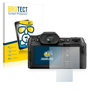 Front side of a product packaging with the brand logo BROTECT. Next to it is the device Fujifilm GFX50S II shown with the corr
