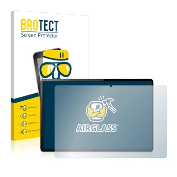 Front side of a product packaging with the brand logo BROTECT. Next to it is the device Lenovo Tab P12 Pro shown with the corr