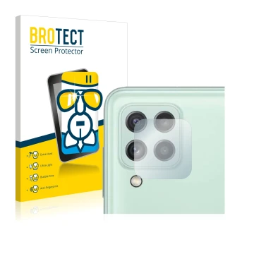 Front side of a product packaging with the brand logo BROTECT. Next to it is the device Samsung Galaxy A22 4G (ONLY Camera Len