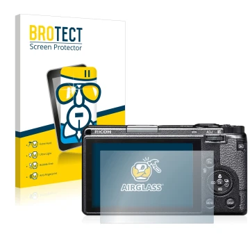 Front side of a product packaging with the brand logo BROTECT. Next to it is the device Ricoh GR IIIx shown with the correspon