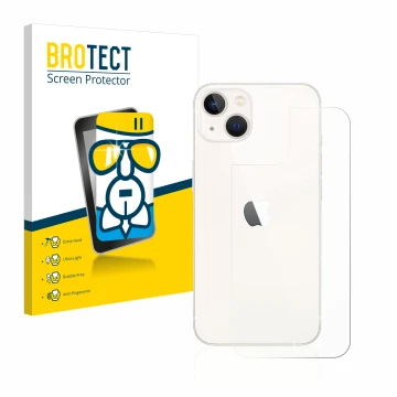 Front side of a product packaging with the brand logo BROTECT. Next to it is the device Apple iPhone 13 (Back) shown with the 
