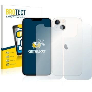 Front side of a product packaging with the brand logo BROTECT. Next to it is the device Apple iPhone 13 (Front+Back) shown wit