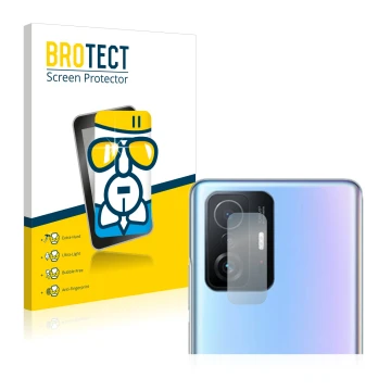 Front side of a product packaging with the brand logo BROTECT. Next to it is the device Xiaomi 11T Pro (ONLY Camera Lens) show