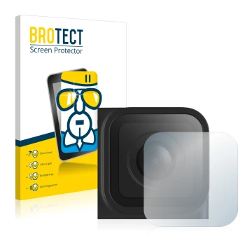 Front side of a product packaging with the brand logo BROTECT. Next to it is the device GoPro Hero 10 Black Lens (housing) sho