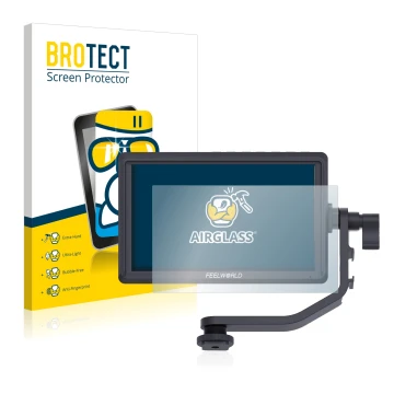 Front side of a product packaging with the brand logo BROTECT. Next to it is the device Feelworld FW568 5.5
