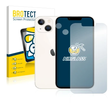 Front side of a product packaging with the brand logo BROTECT. Next to it is the device Apple iPhone 13 (Front+Camera) shown w