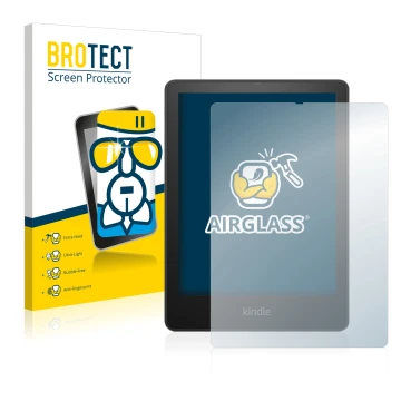 Front side of a product packaging with the brand logo BROTECT. Next to it is the device Amazon Kindle Paperwhite 2021 Signatur