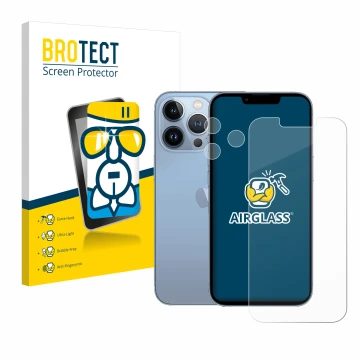 Front side of a product packaging with the brand logo BROTECT. Next to it is the device Apple iPhone 13 Pro (Front+Camera) sho