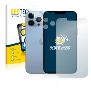 Front side of a product packaging with the brand logo BROTECT. Next to it is the device Apple iPhone 13 Pro Max (Front+Camera)