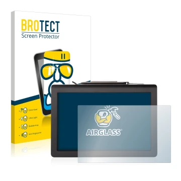 Front side of a product packaging with the brand logo BROTECT. Next to it is the device Signotec Pen Display Delta (Touch) sho