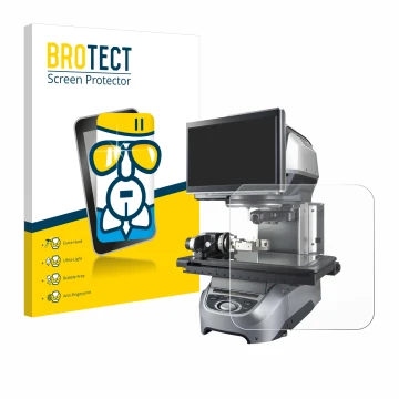 Front side of a product packaging with the brand logo BROTECT. Next to it is the device Keyence IM-8020 Glass plate shown with