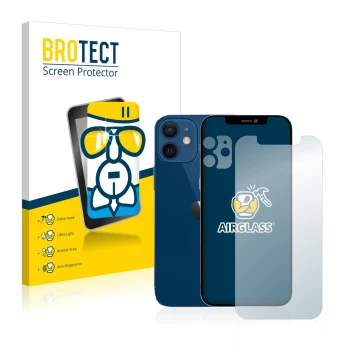 Front side of a product packaging with the brand logo BROTECT. Next to it is the device Apple iPhone 12 (Front+Camera) shown w