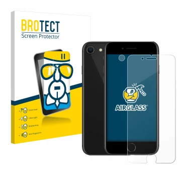Front side of a product packaging with the brand logo BROTECT. Next to it is the device Apple iPhone SE 2 2020 (Front+Camera) 