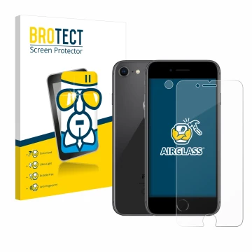 Front side of a product packaging with the brand logo BROTECT. Next to it is the device Apple iPhone 8 (Front+Camera) shown wi