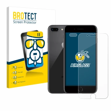 Front side of a product packaging with the brand logo BROTECT. Next to it is the device Apple iPhone 8 Plus (Front+Camera) sho