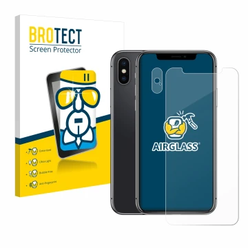 Front side of a product packaging with the brand logo BROTECT. Next to it is the device Apple iPhone X (Front+Camera) shown wi
