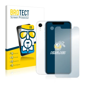 Front side of a product packaging with the brand logo BROTECT. Next to it is the device Apple iPhone XR (Front+Camera) shown w
